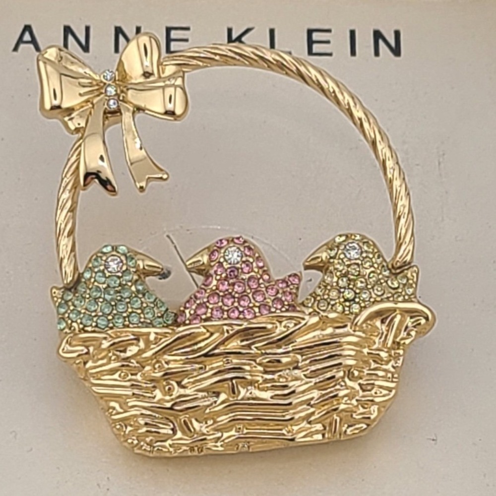 Anne Klein Gold Tone Bird Basket Brooch Rhinestone Pastel Pin